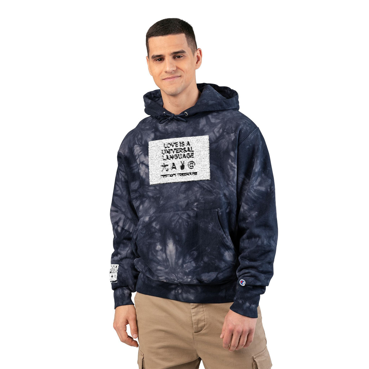 Tie-Dye Champion Hoodie — Embroidered "Love Is A Universal Language" Graphic