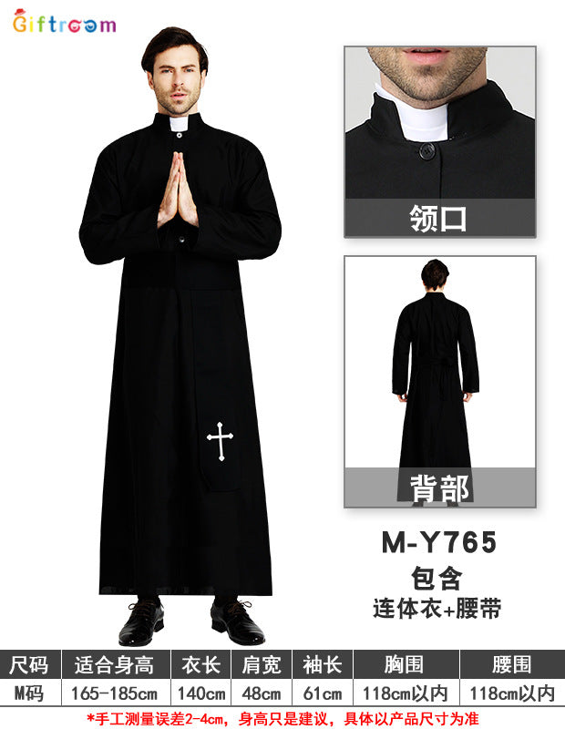 Halloween Costume Drama Stage Performance Costume Male Noble Black Robe Priest Western Party Cosplay Costume