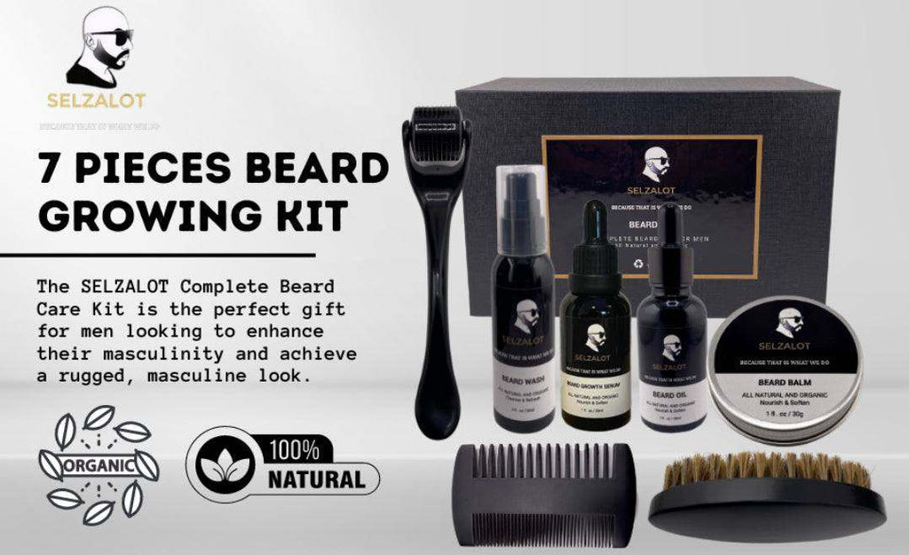 SELZALOT Beard Growth Kit Facial Hairs Men's Grooming Set 7 Pieces Beard Products with Oil, Serum, Balm, Shampoo, Comb, Brush and Hand Beard Care Kit for Men Men Self Care