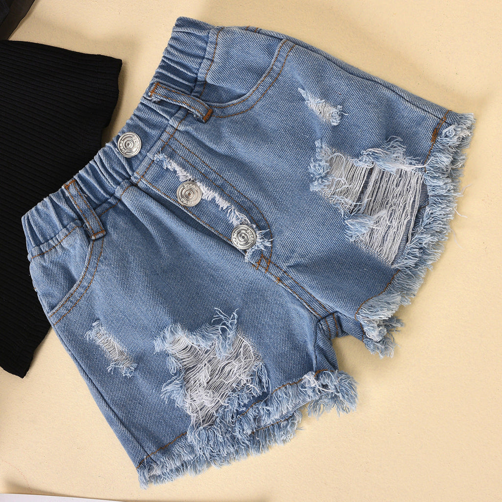 Barnkläder Bomull Prickig Näthatt Randig Topp Riven Jeansshorts Barndräkt