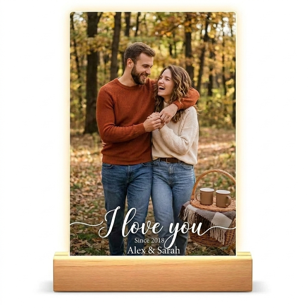 Lámpara de Noche Personalizada de Acrílico con Foto y Base LED de Madera