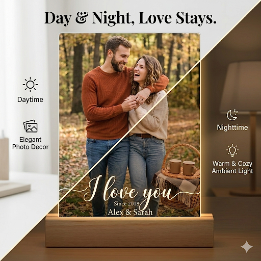 Lámpara de Noche Personalizada de Acrílico con Foto y Base LED de Madera