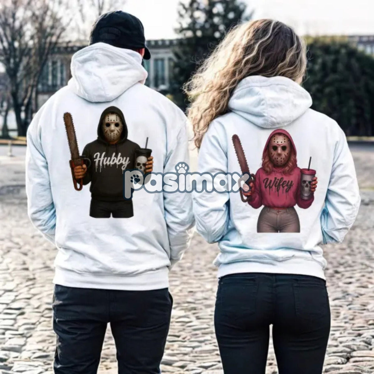 Wifey & Hubby Jason Hoodie – Halloween-paroutfits, läskiga tröjor för fru och man