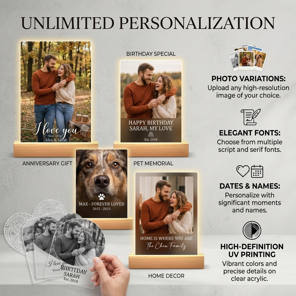 Lámpara de Noche Personalizada de Acrílico con Foto y Base LED de Madera