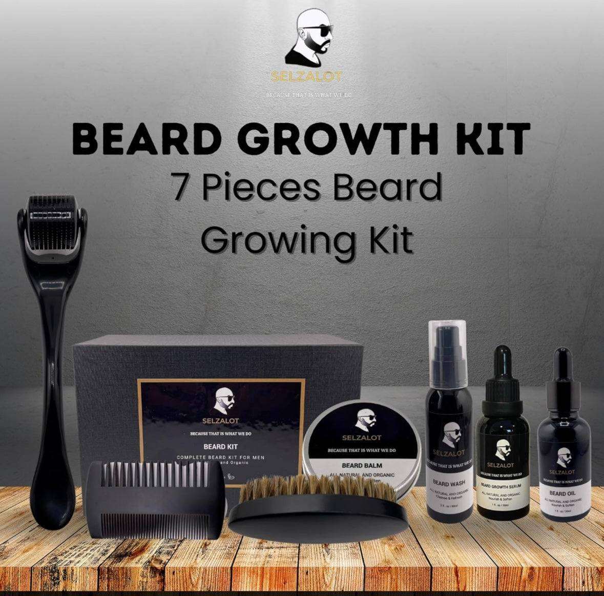 SELZALOT Beard Growth Kit Facial Hairs Men's Grooming Set 7 Pieces Beard Products with Oil, Serum, Balm, Shampoo, Comb, Brush and Hand Beard Care Kit for Men Men Self Care