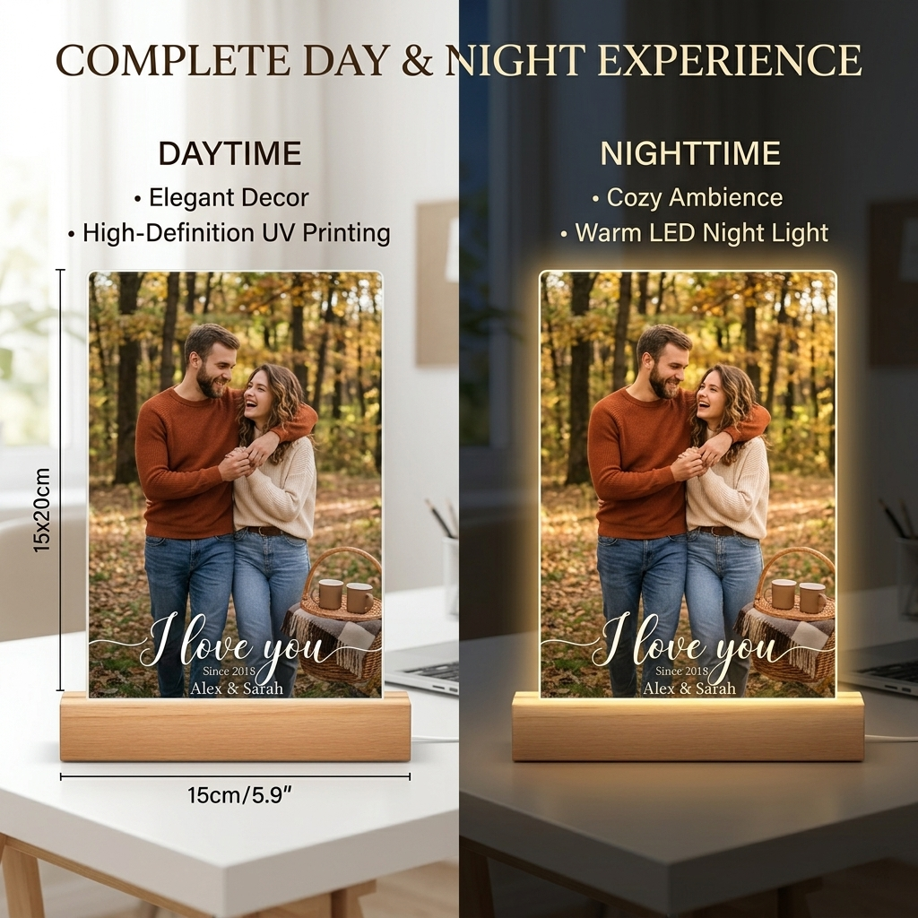 Lámpara de Noche Personalizada de Acrílico con Foto y Base LED de Madera