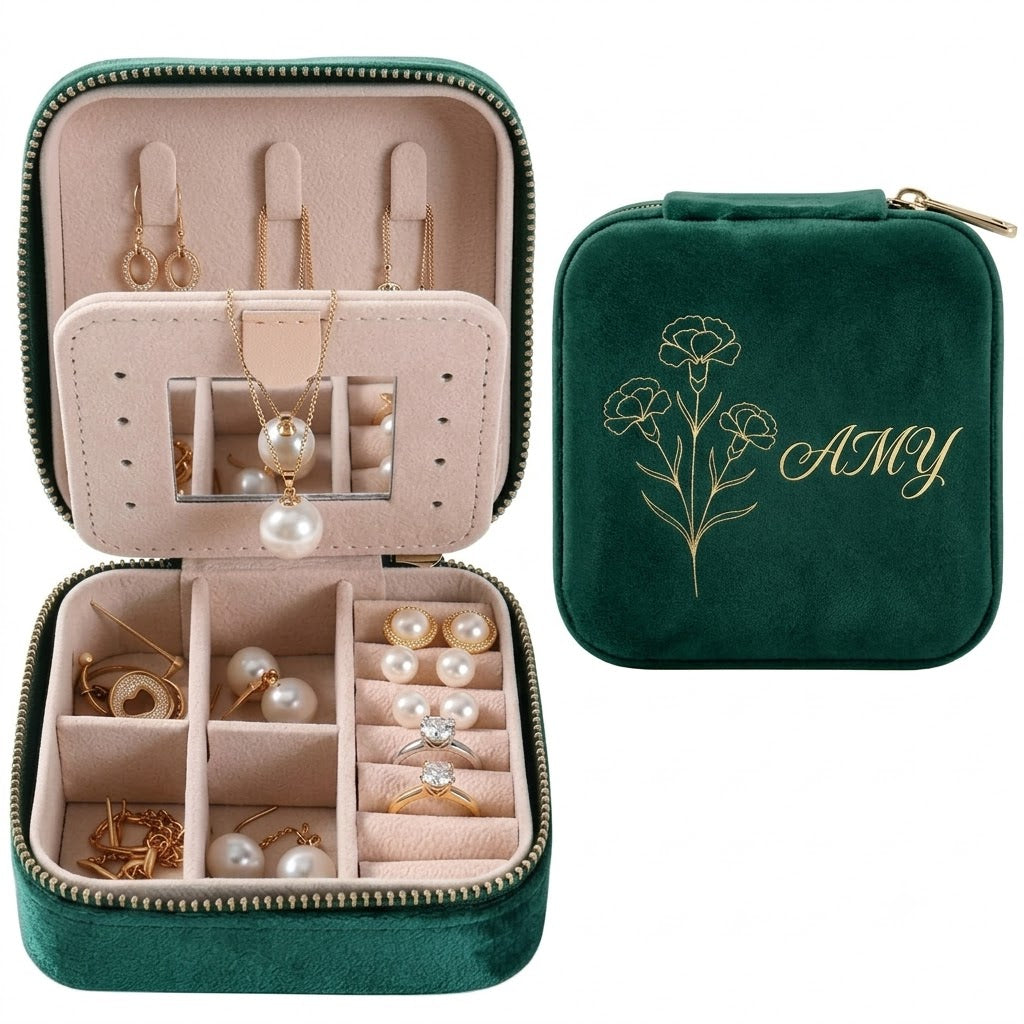 Caja de Terciopelo Personalizada con Flor de Nacimiento para Joyas – Estuche de Viaje con Nombre Personalizado para Mujer