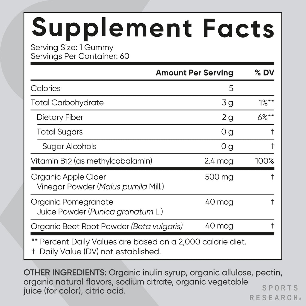 Sports Research Organic Apple Cider Vinegar Gummies – 500 mg, Sugar-Free, 60 Count