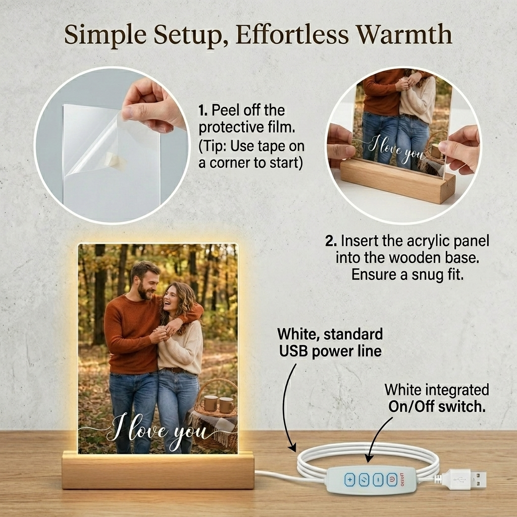 Lámpara de Noche Personalizada de Acrílico con Foto y Base LED de Madera