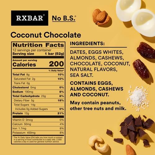 Rxbar Protein Bars, Protein Snack, Snack Bars, Coconut Chocolate, 22Oz Box (12 Bars)