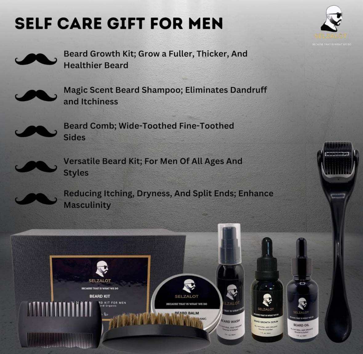 SELZALOT Beard Growth Kit Facial Hairs Men's Grooming Set 7 Pieces Beard Products with Oil, Serum, Balm, Shampoo, Comb, Brush and Hand Beard Care Kit for Men Men Self Care
