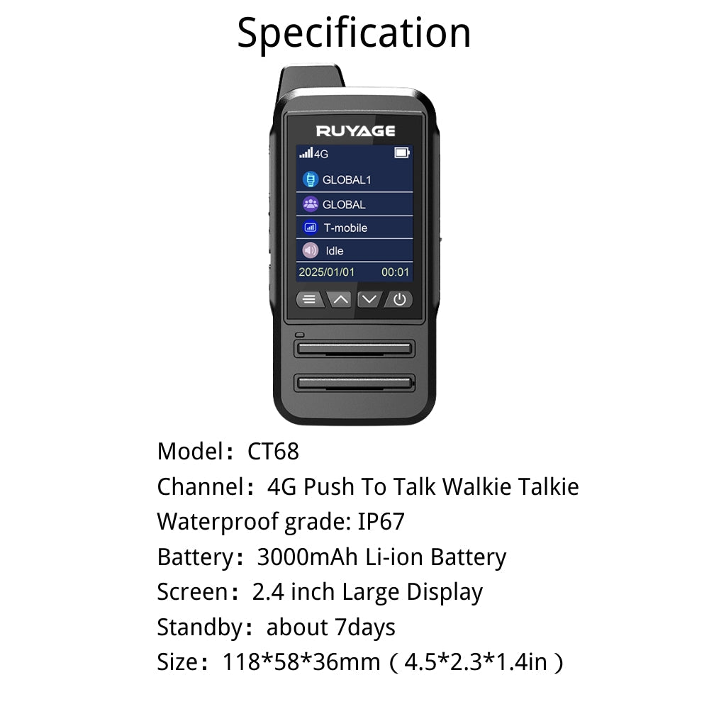 RUYAGE CT68 IP67 Waterproof 4G LTE PoC Radio | Rugged Push-to-Talk Walkie Talkie