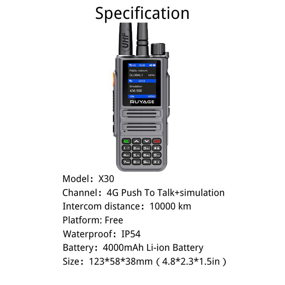 RUYAGE X30 Dual Mode PoC Radio 5W Two Way Radio | 4G LTE Push To Talk Walkie Talkie