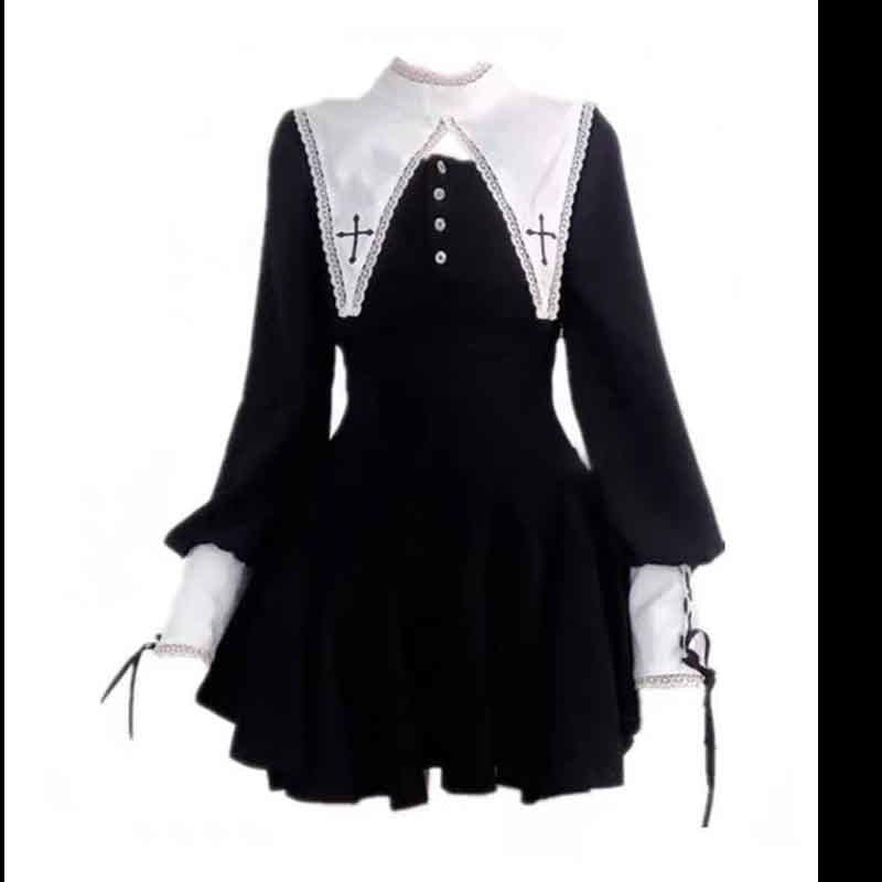 Evil Nun! Halloween Cos Costume Contrast Style Blackened Gothic Dark Style Horror Dress for Adult Women