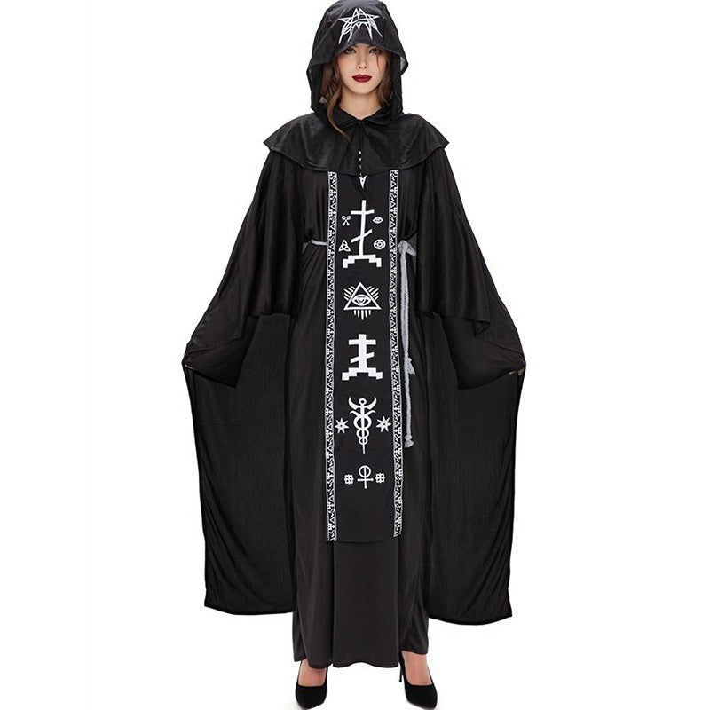 Halloween Evil Vampire Male and Female Wizard Black Robe Mage Dark Hell Devil Couple Costume