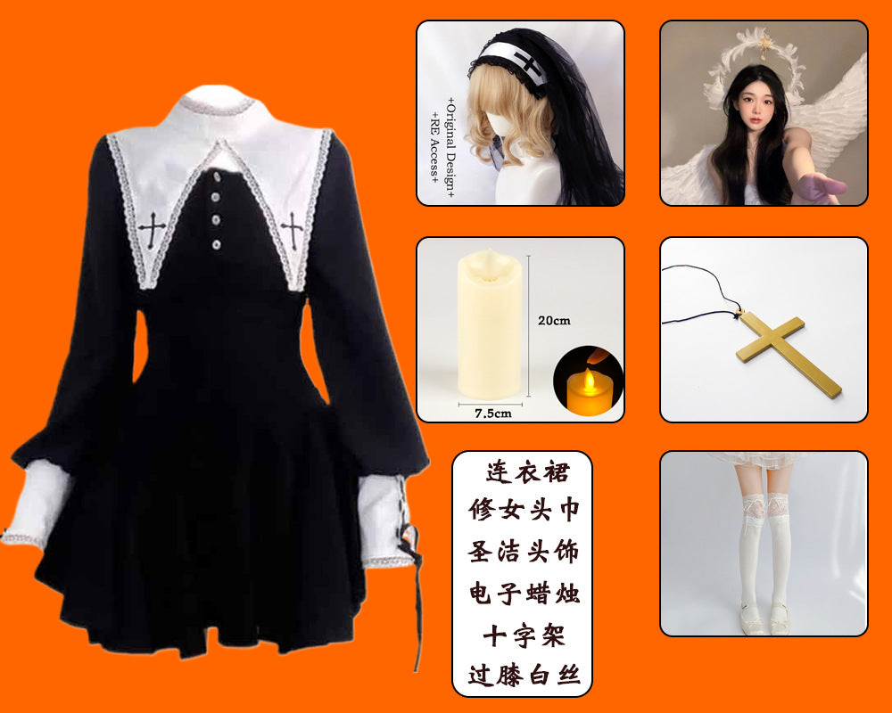 Evil Nun! Halloween Cos Costume Contrast Style Blackened Gothic Dark Style Horror Dress for Adult Women