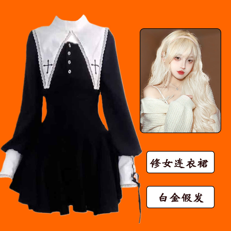 Evil Nun! Halloween Cos Costume Contrast Style Blackened Gothic Dark Style Horror Dress for Adult Women