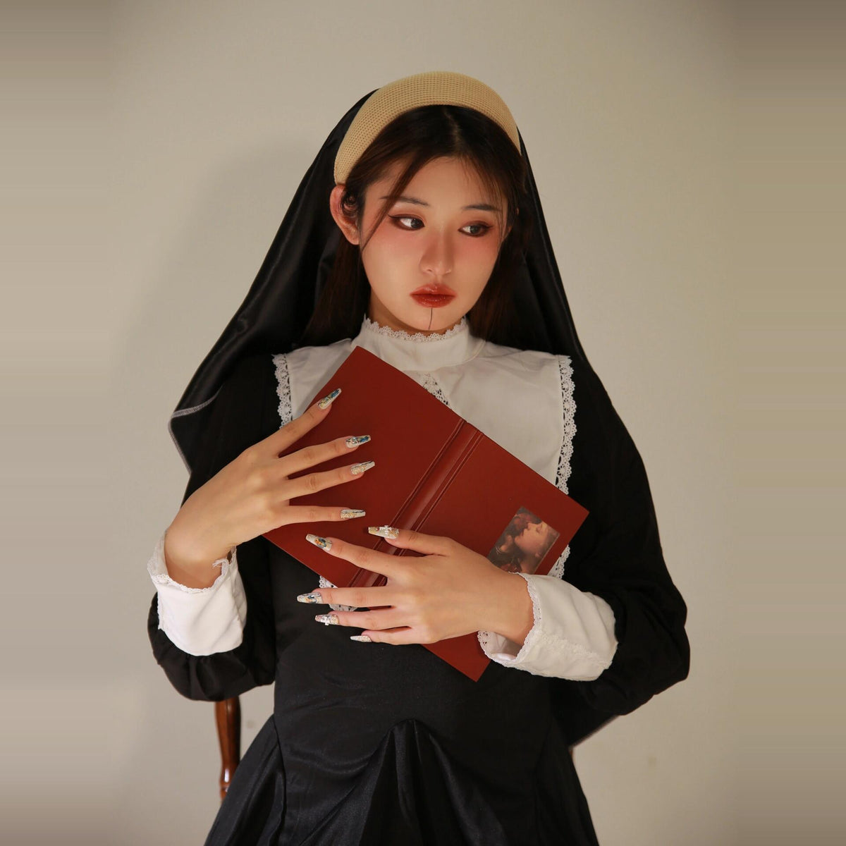 Evil Nun! Halloween Cos Costume Contrast Style Blackened Gothic Dark Style Horror Dress for Adult Women