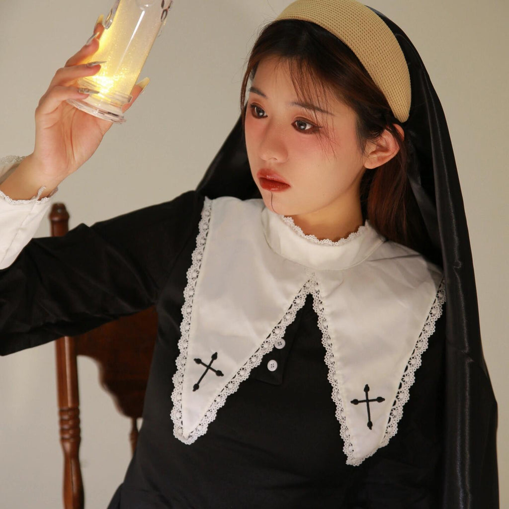 Evil Nun! Halloween Cos Costume Contrast Style Blackened Gothic Dark Style Horror Dress for Adult Women