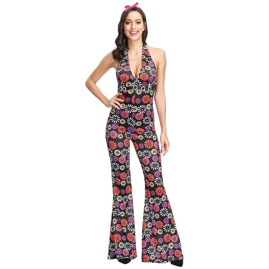 70-tals Disco Onesie-kostym – Hippie Flower Power-jumpsuit i vintagestil för par att visa upp sig i & temafester