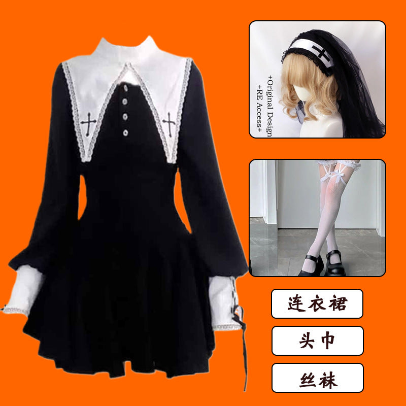 Evil Nun! Halloween Cos Costume Contrast Style Blackened Gothic Dark Style Horror Dress for Adult Women