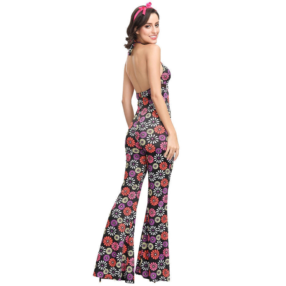 70-tals Disco Onesie-kostym – Hippie Flower Power-jumpsuit i vintagestil för par att visa upp sig i & temafester