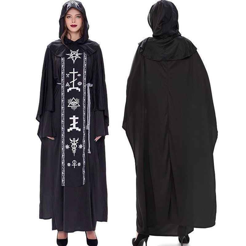 Halloween Evil Vampire Male and Female Wizard Black Robe Mage Dark Hell Devil Couple Costume