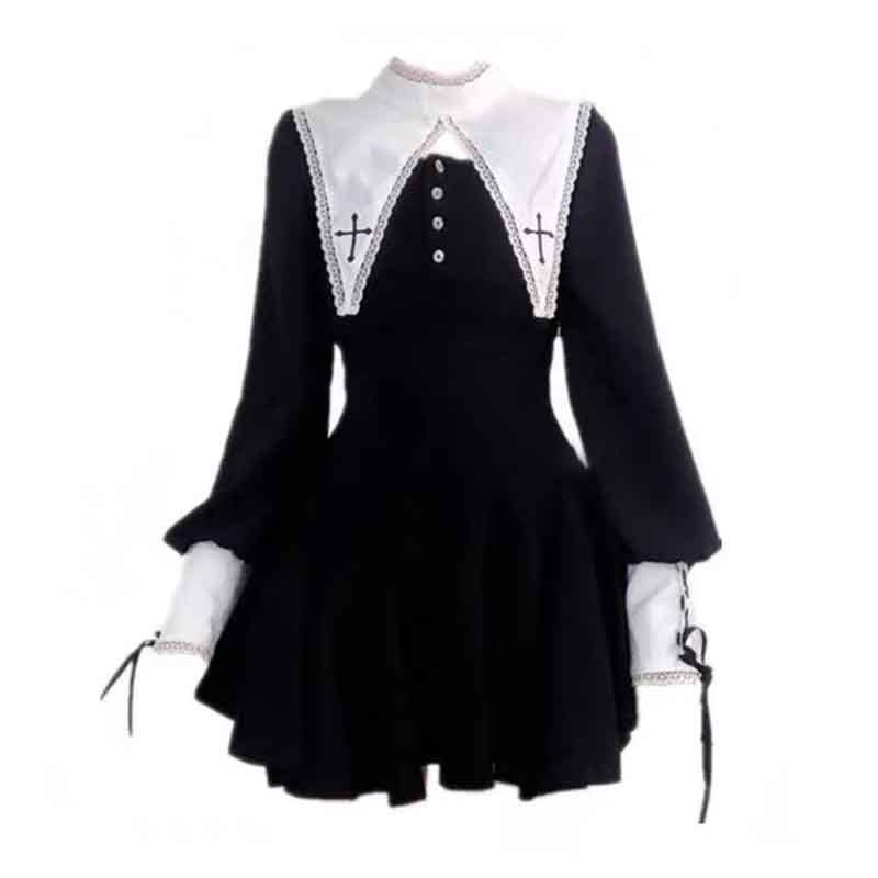Evil Nun! Halloween Cos Costume Contrast Style Blackened Gothic Dark Style Horror Dress for Adult Women