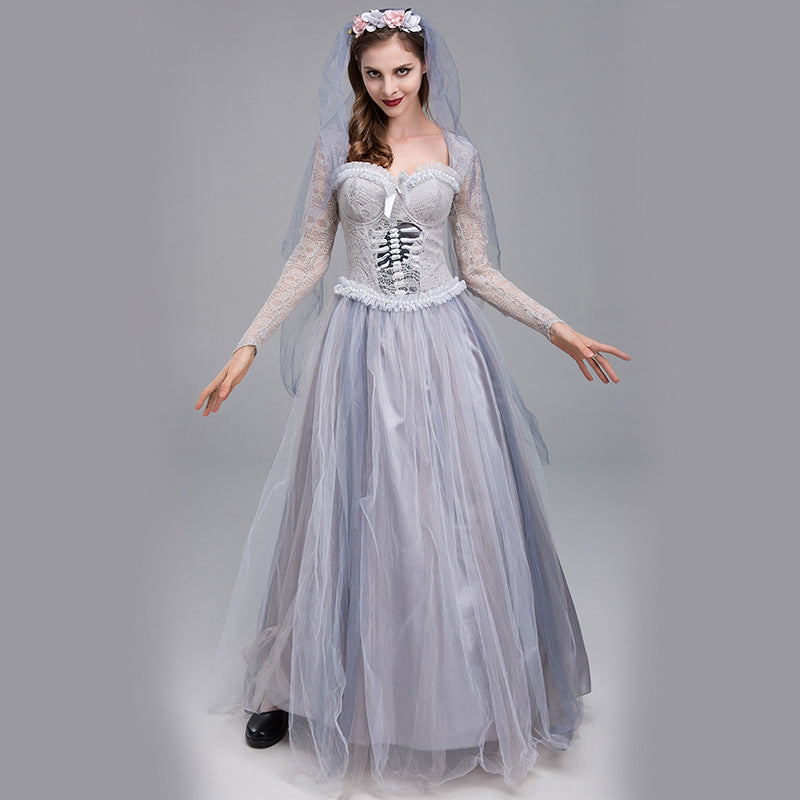 Foreign Trade Halloween Horror Gray Skeleton Ghost Bride Dress Ghost Zombie Costume for Masquerade Performance