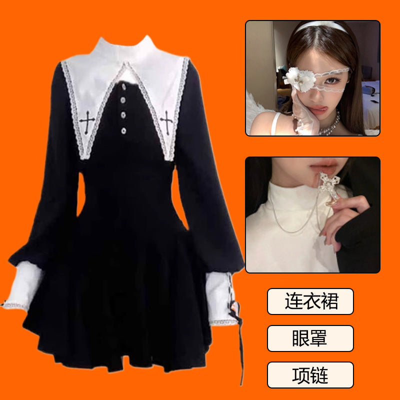 Evil Nun! Halloween Cos Costume Contrast Style Blackened Gothic Dark Style Horror Dress for Adult Women