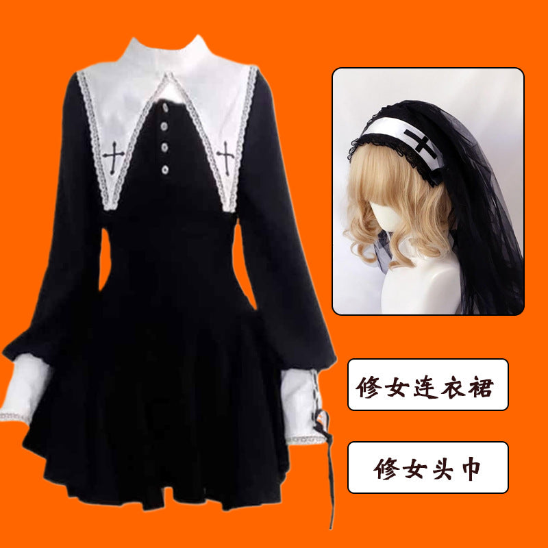 Evil Nun! Halloween Cos Costume Contrast Style Blackened Gothic Dark Style Horror Dress for Adult Women
