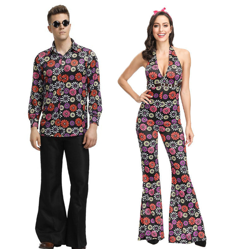 70-tals Disco Onesie-kostym – Hippie Flower Power-jumpsuit i vintagestil för par att visa upp sig i & temafester