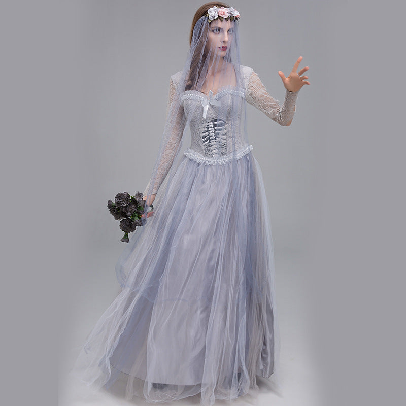 Foreign Trade Halloween Horror Gray Skeleton Ghost Bride Dress Ghost Zombie Costume for Masquerade Performance