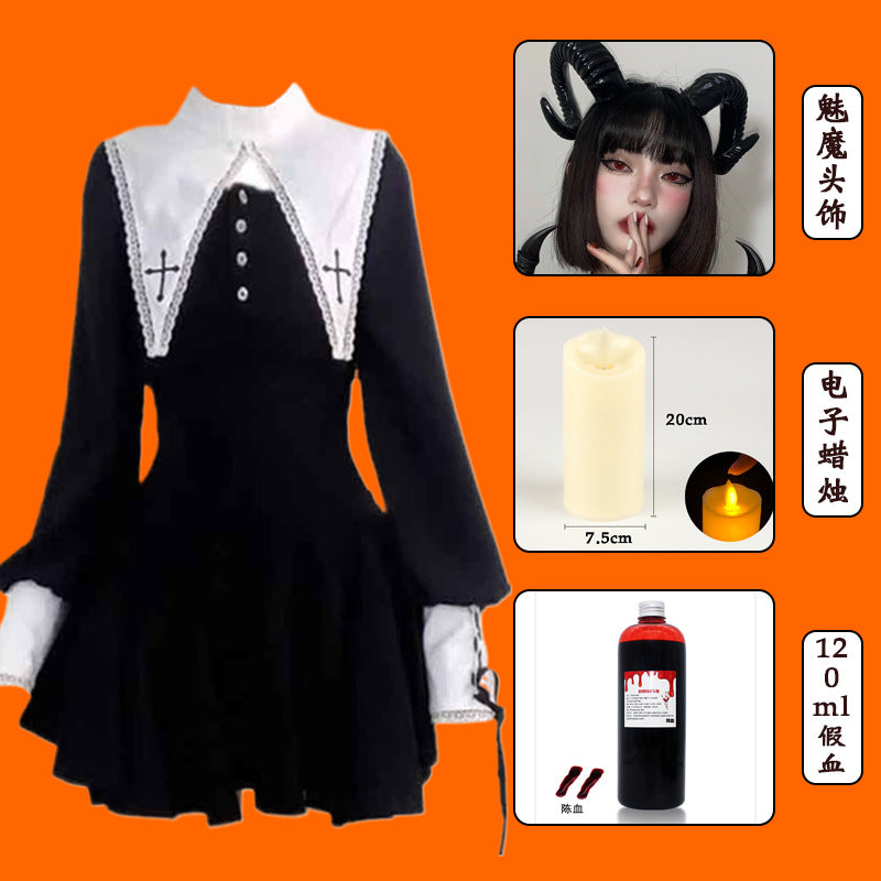 Evil Nun! Halloween Cos Costume Contrast Style Blackened Gothic Dark Style Horror Dress for Adult Women