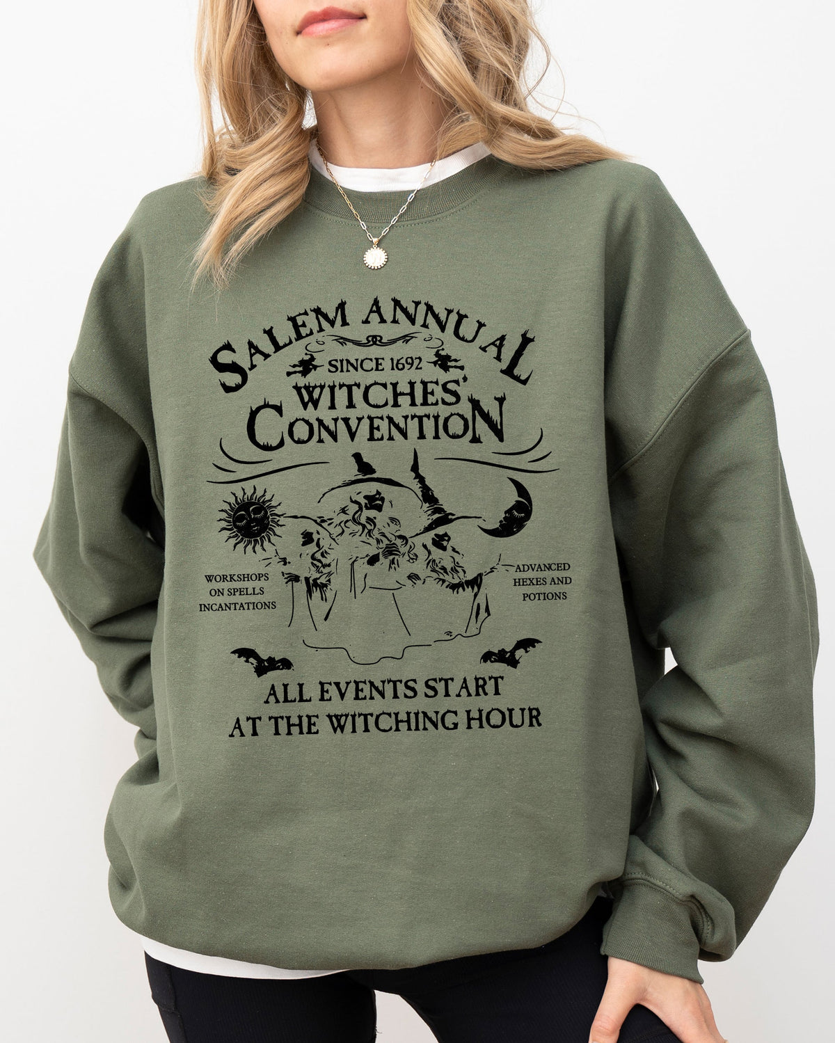 Salem Annual Witches Convention Spooky Skeleton Ghost Witch Skull Meme Halloween Costume Sweatshirt