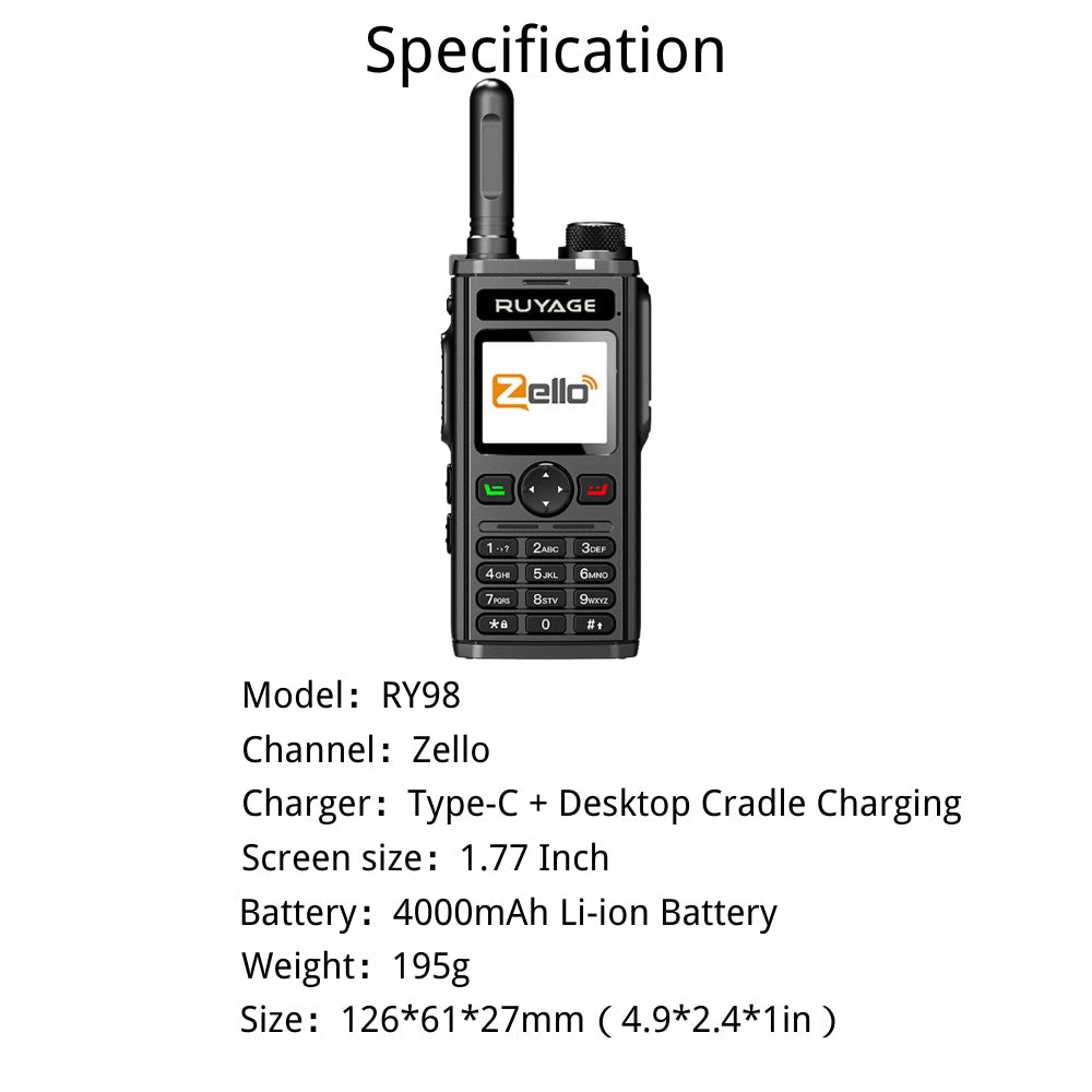 RUYAGE RY98 4G LTE Zello Walkie Talkie | Android PTT Radio