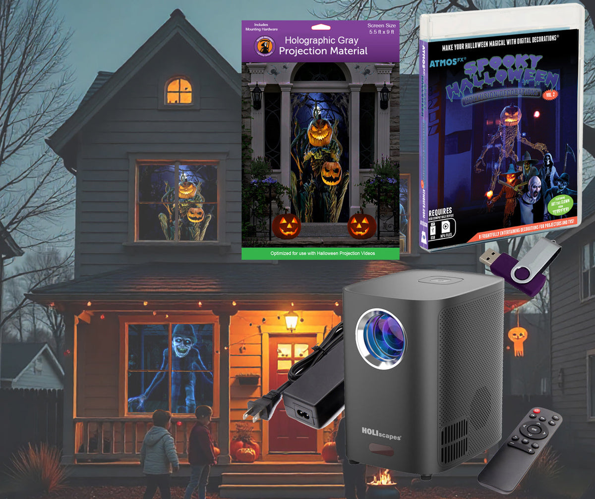 HoliScapes® USB Projector Kit - Spooky Halloween Hollusion Vol. 2 + Projector + 5.5 ft x 9 ft Projection Screen