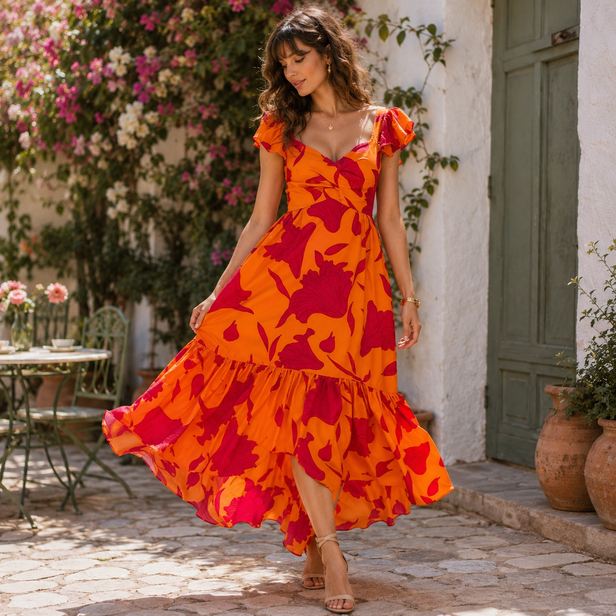 Maxivestido asimétrico con estampado floral vibrante