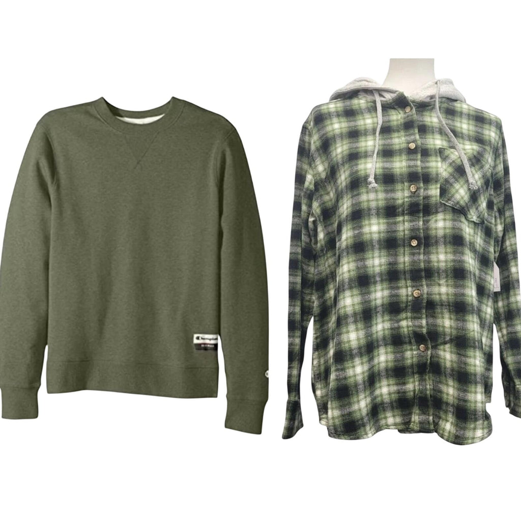 Sudadera extragrande Champion Unisex verde con capucha de franela a cuadros de regalo