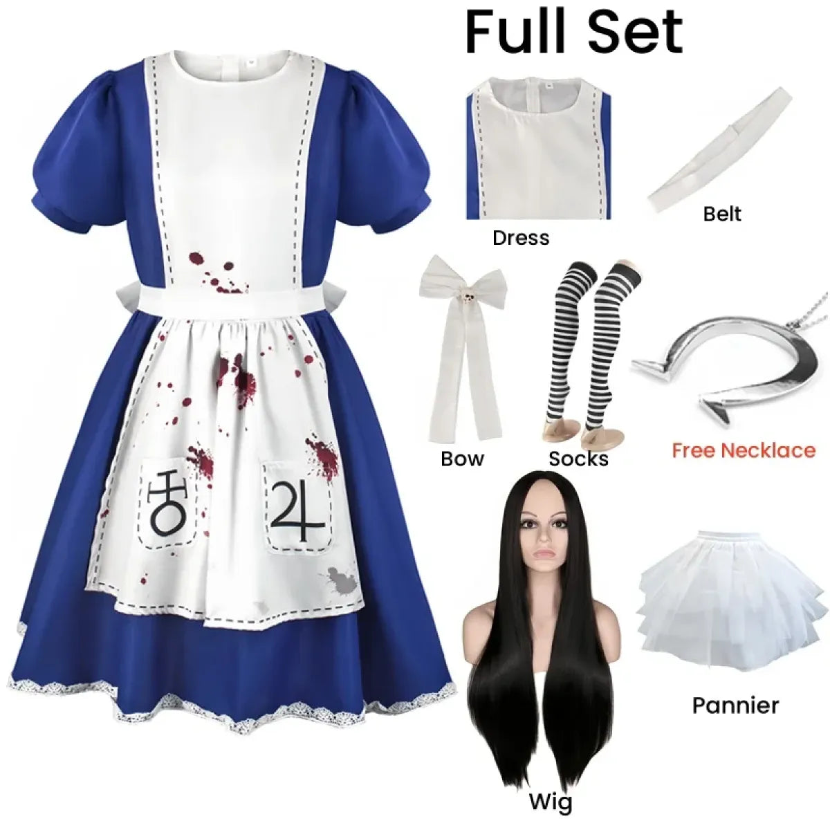 Madness Returns Alice Cosplay Maskeraddräkt Klänning med Förkläde och Peruk för Kvinnor