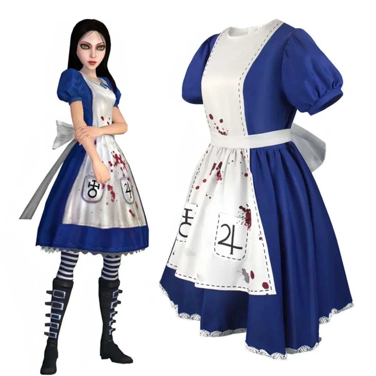 Madness Returns Alice Cosplay Maskeraddräkt Klänning med Förkläde och Peruk för Kvinnor