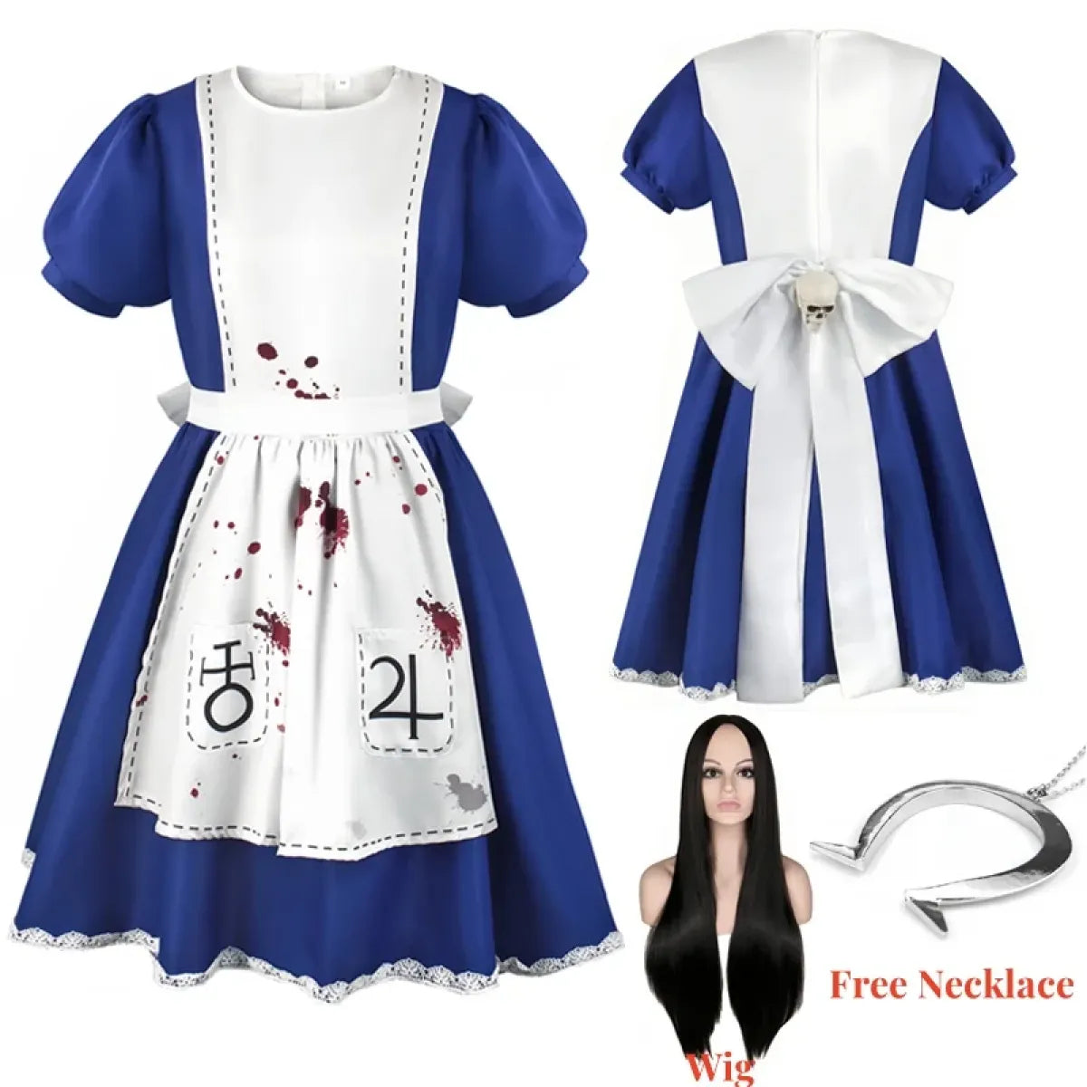 Madness Returns Alice Cosplay Maskeraddräkt Klänning med Förkläde och Peruk för Kvinnor