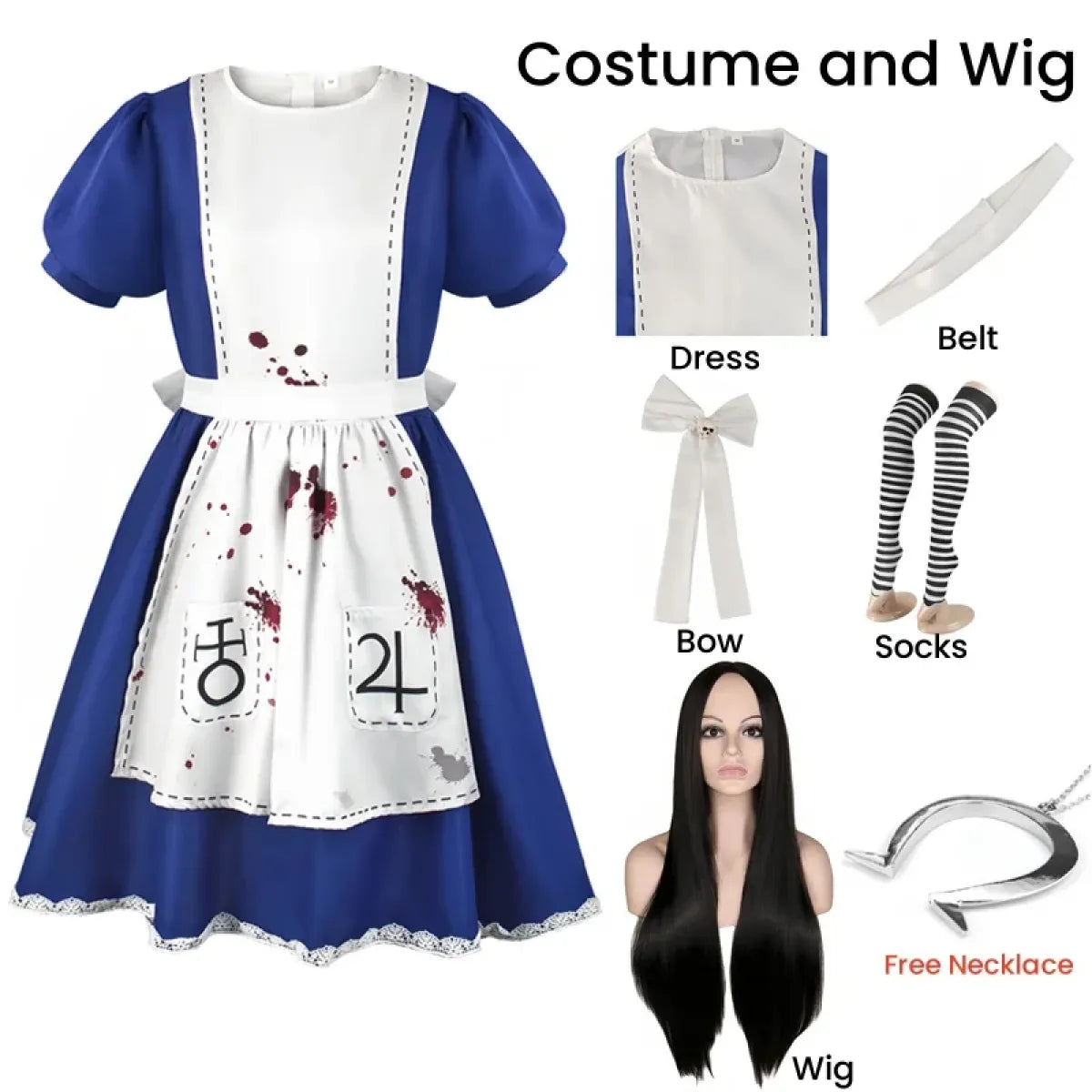 Madness Returns Alice Cosplay Maskeraddräkt Klänning med Förkläde och Peruk för Kvinnor