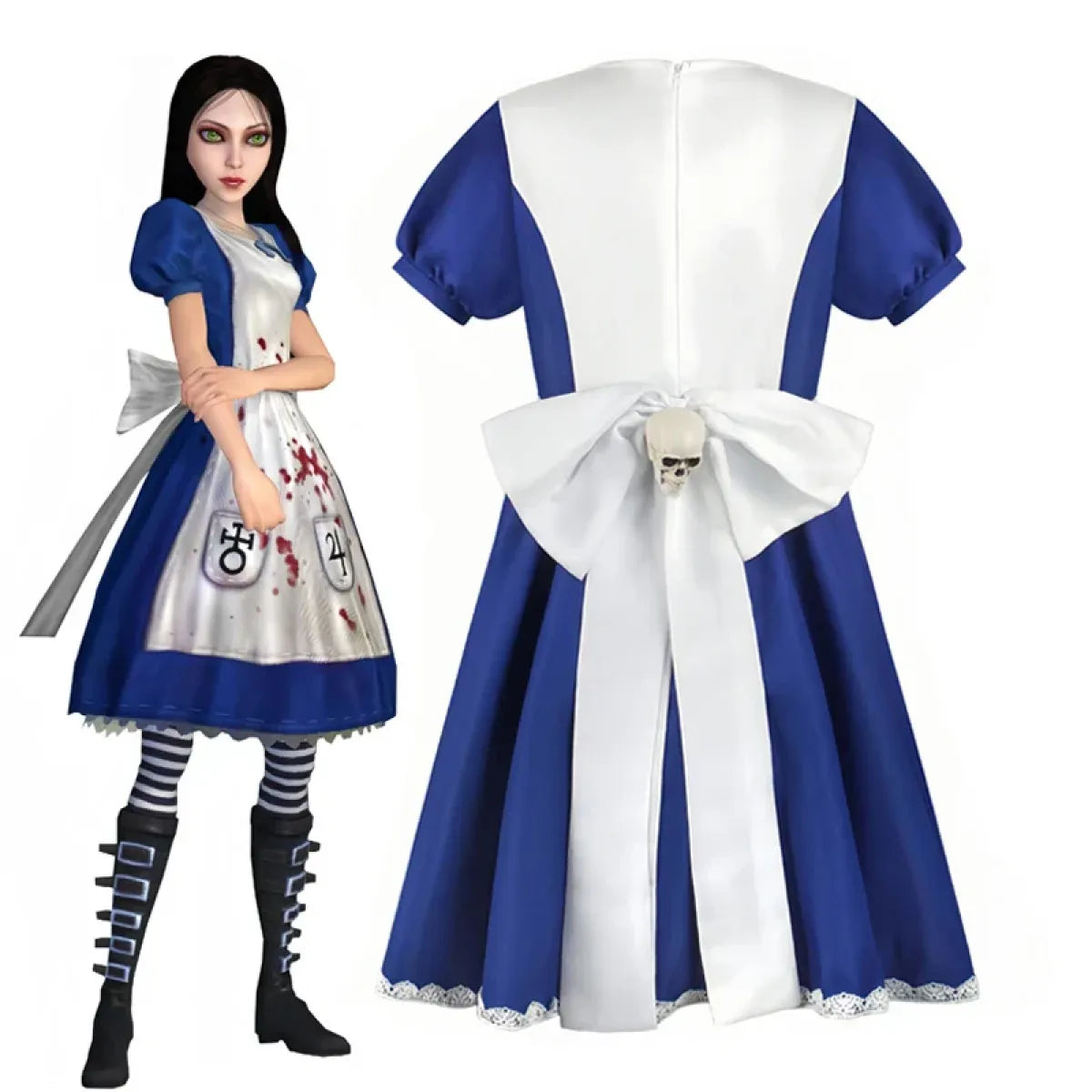 Madness Returns Alice Cosplay Maskeraddräkt Klänning med Förkläde och Peruk för Kvinnor