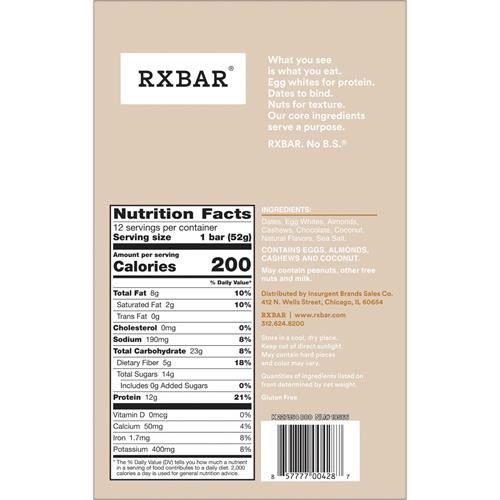 Rxbar Protein Bars, Protein Snack, Snack Bars, Coconut Chocolate, 22Oz Box (12 Bars)